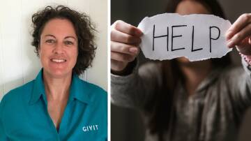 GIVIT NSW manager Sally Perry (left) and a woman holds a sign that reads HELP. Picture supplied and from Shutterstock