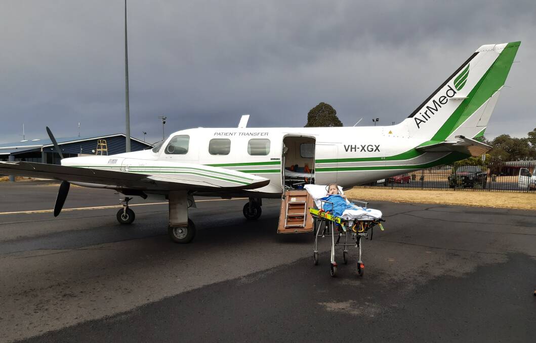 Piper Howarth being transported via AirMed, to attend appointments in Sydney. Picture supplied