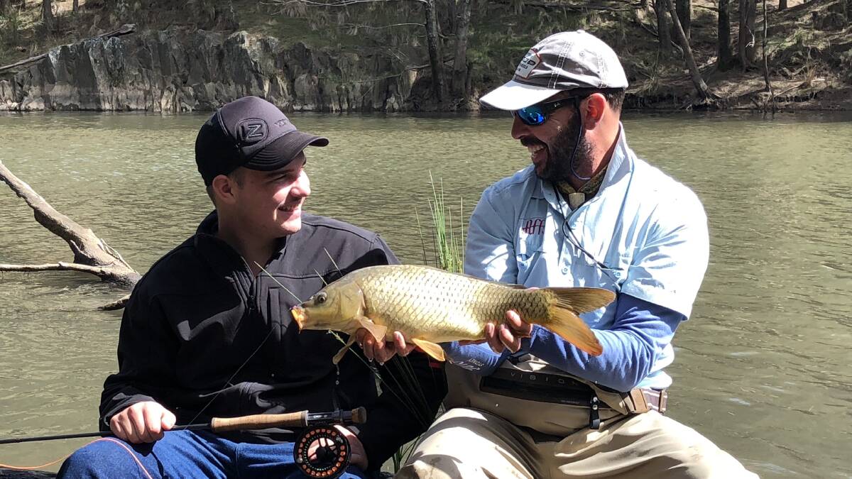 Nice Catch: Callum Evans had a ball catching plenty of carp whilst fly fishing under the guidance of advanced fly fishing guide Juan Luis Del Carmen at the Sofala Carp Blitz on the weekend.