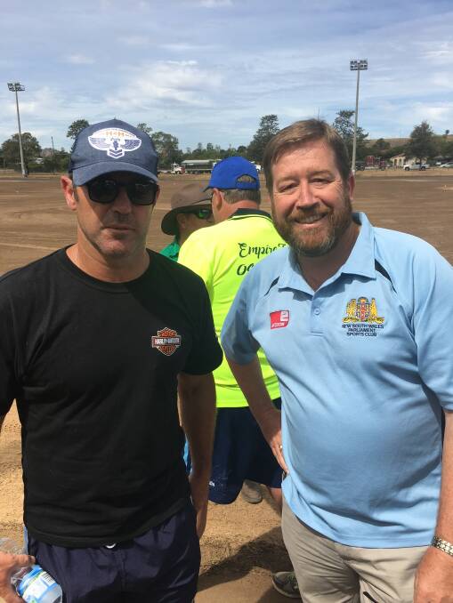 Future Events: Troy Grant with NRL great Brad Fittler resurfacing the local football ground at Kennard Park as part of the 2018 NSWRL Hogs for the Homeless Tour. 