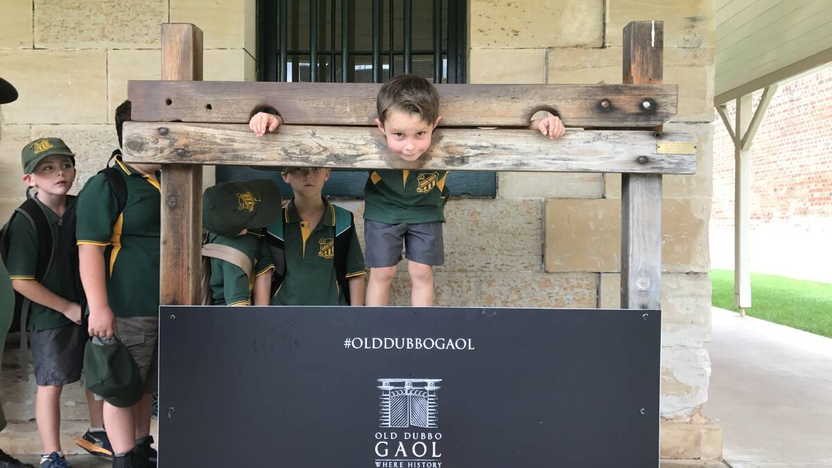 Here's Trouble:  Declan Hangan in the stocks at the Old Dubbo Gaol.
