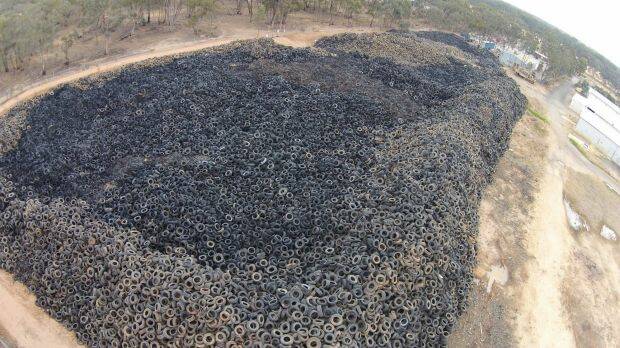 An aerial shot from 2014 of the Stawell tyre dump, which holds around 9 million tyres.  Photo: Boomerang Alliance