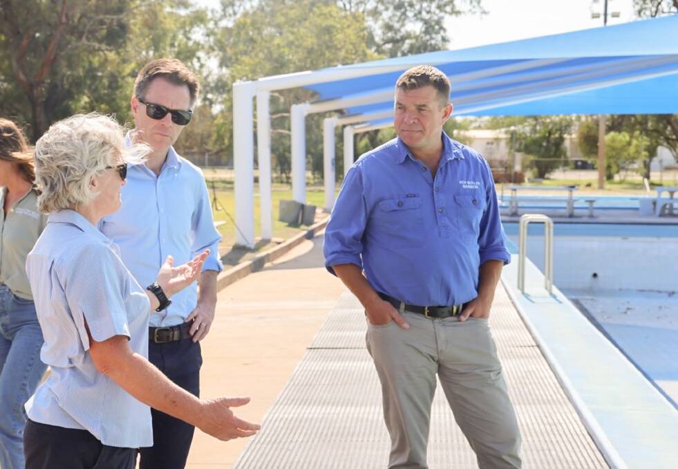 NSW Premier Chris Minns with Member for Barwon, Roy Butler standing by Walgett Memorial Pool. Picture supplied 