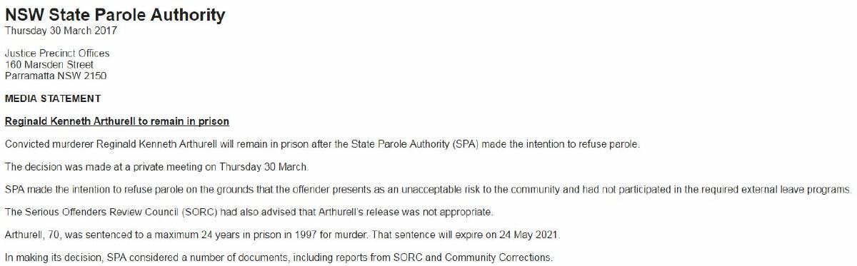 Statement: The State Parole Authority outlines its reasons for its decision on Reginald Kenneth Arthurell's parole.
