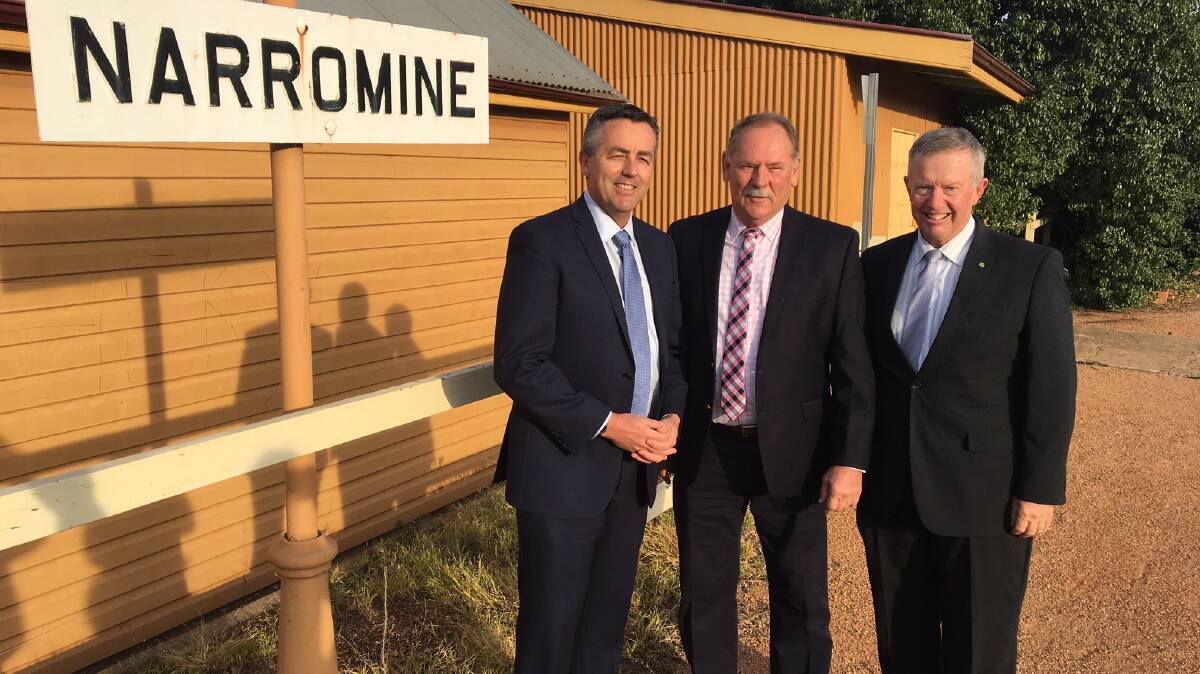 ON TRACK: Transport Minister Darren Chester, Narromine Mayor Craig Davies and Parkes MP Mark Coulton after Inland Rail was originally announced. Photo: CONTRIBUTED.