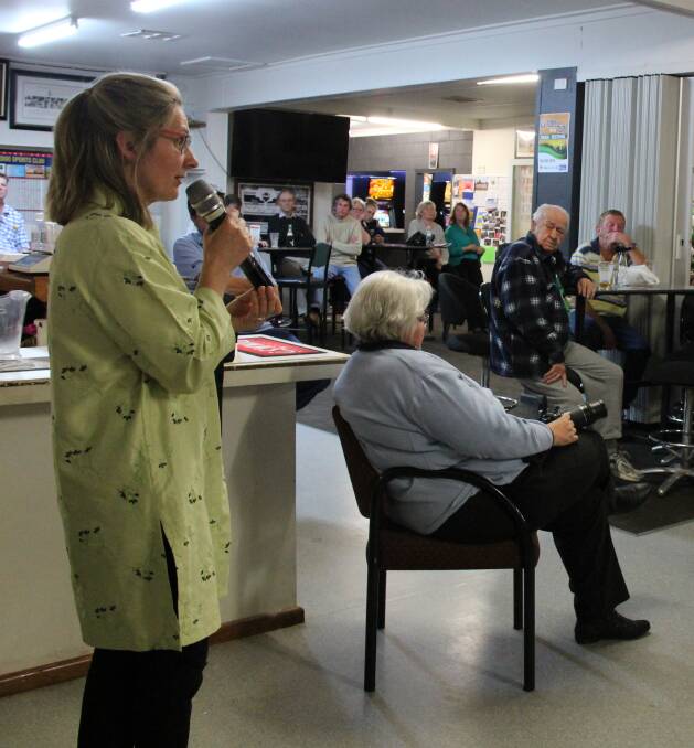 VALUED:  Dr Sara Fergusson addresses concerned residents at the meeting at the Dunedoo Sports Club on Thursday. 