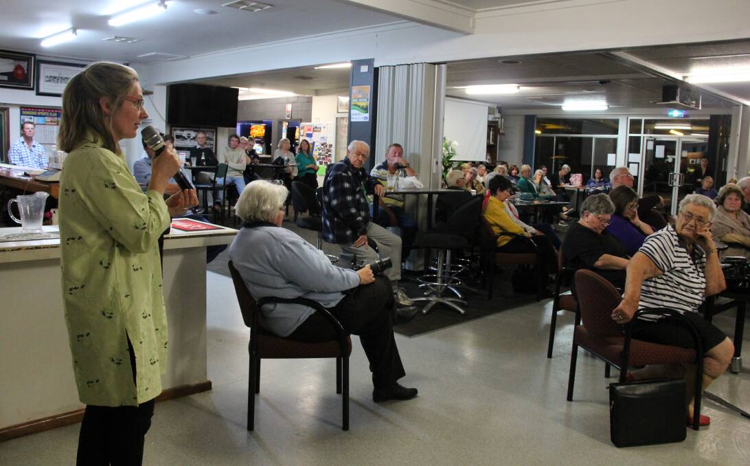  
VALUED:  Dr Sara Fergusson addresses residents at a meeting at the Dunedoo Sports Club on Thursday. 