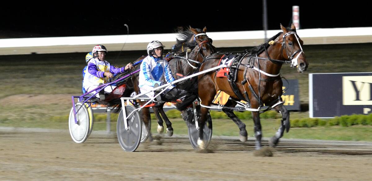 COMING HOME: The Ashlee Grives-driven Whittaker takes the lead from Im With Lexy down the straight in the Star Trek Final at the Bathurst Paceway. Photo: ANYA WHITELAW