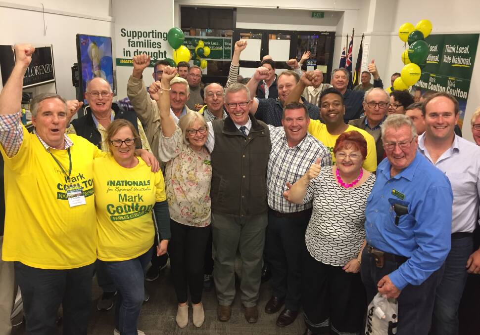 FIVE IN A ROW: Parkes MP Mark Coulton celebrates his win in the 2019 federal election with supporters including wife Robyn and new State Member for Dubbo Dugald Saunders. Photo: RYAN YOUNG