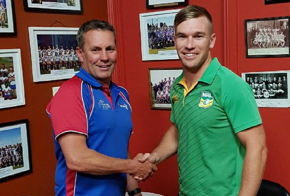 NEW DIRECTION: New Spacies coach Alex Prout with 2018 Parkes president Jamie Pope. Photo: PARKES SPACEMEN FACEBOOK PAGE