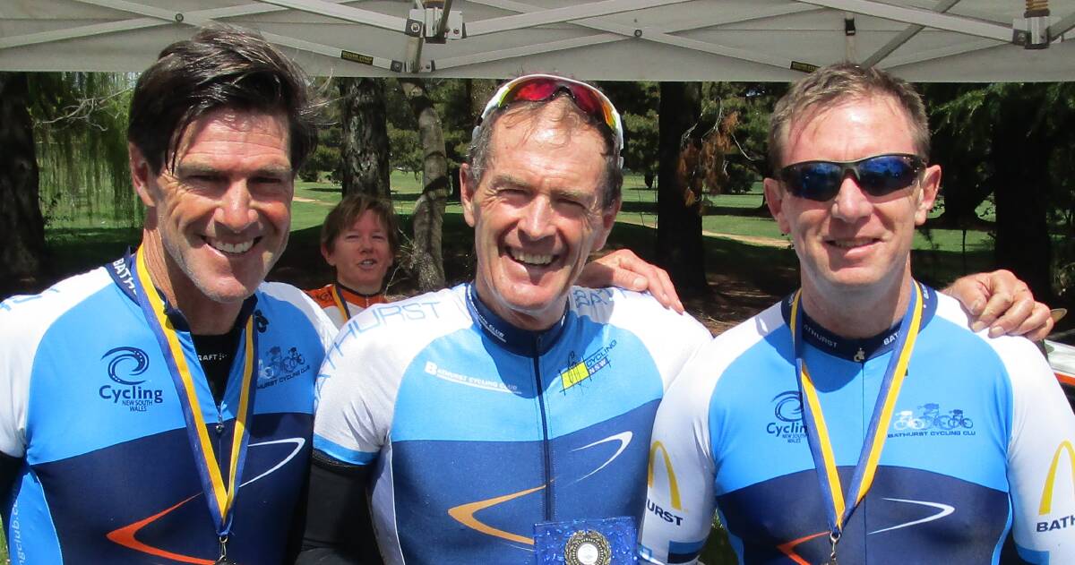 HAT-TRICK: Richard Hobson, Mark Windsor and Geoff Short record a one-two-three finish in the Western NSW Road Cycling Championships' time trial.