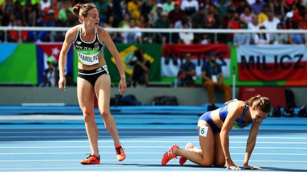 Nikki Hamblin, left, looks back after she clipped heels with Abbey D'Agostino. Photo: Getty Images

