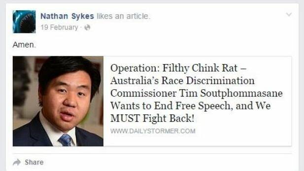 Nathan Sykes' Daily Stormer article on Race Discrimination Commissioner Tim Soutphommasane. Photo: Facebook