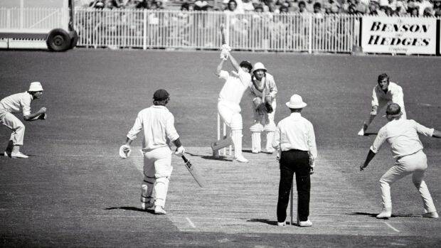 Centenary Test, Australia v England: March 17, 1977: David Hookes hits five consecutive fours off English bowler Tony Grieg. Photo: Fairfax Media