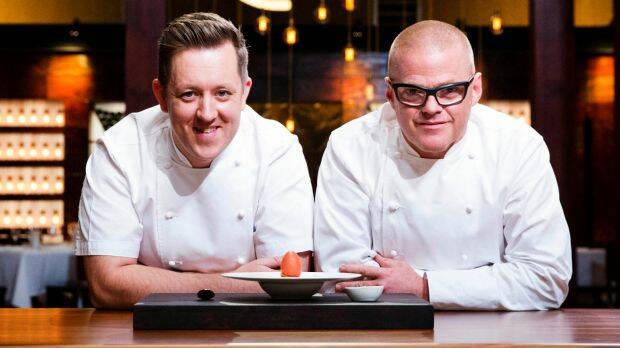 Heston Blumenthal (right) and executive chef Ashley Palmer-Watts with their 91-step dessert 'Verjus in Egg'. Photo: Network Ten