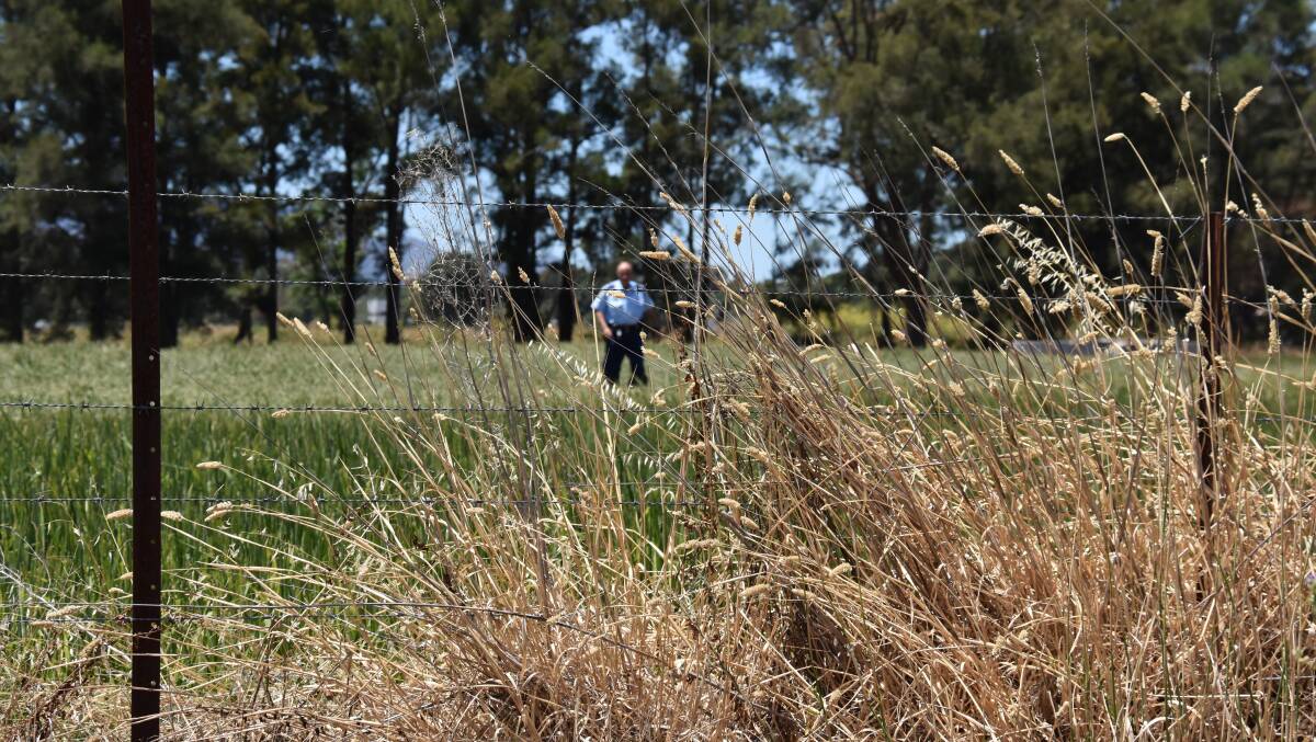 SEARCH: A police officer scouring property near Mudgee for wanted man Benjamin Biffin. Photo: HONOR ELLIOTT