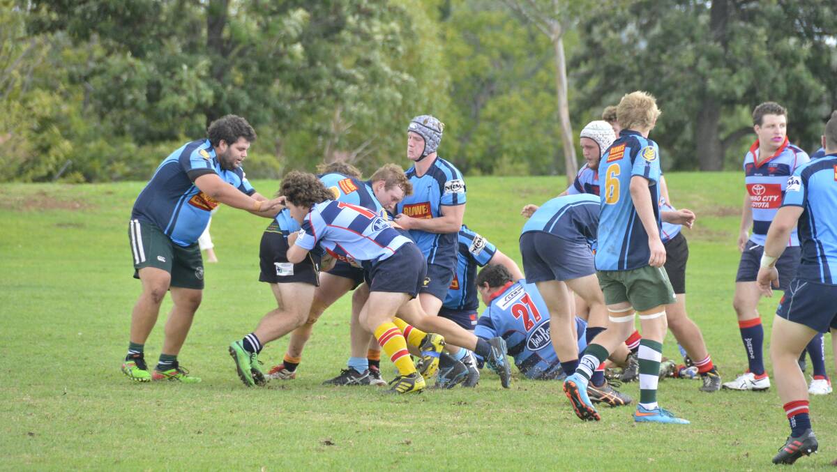 Players from the Central West Colts squad and a combined Dubbo Kangaroos outfit come together during last Saturday's trial match. Photo: PAIGE WILLIAMS