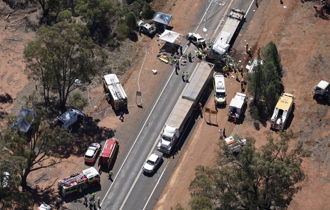 HORRIFIC: The scene of last Tuesday's double fatality near Dubbo that involved two trucks and five other vehicles. Photo: BRENDAN GUEST