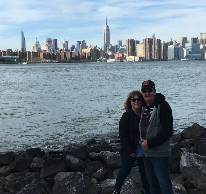 SAFE AND SOUND: A photo of Karen and Les Stewart taken earlier this week, with the New York skyline in the background.