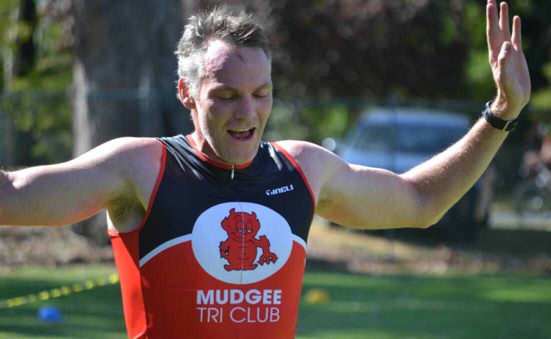 Mudgee's Matt Webster celebrates his win in the Central West Interclub race at Cowra on Sunday.