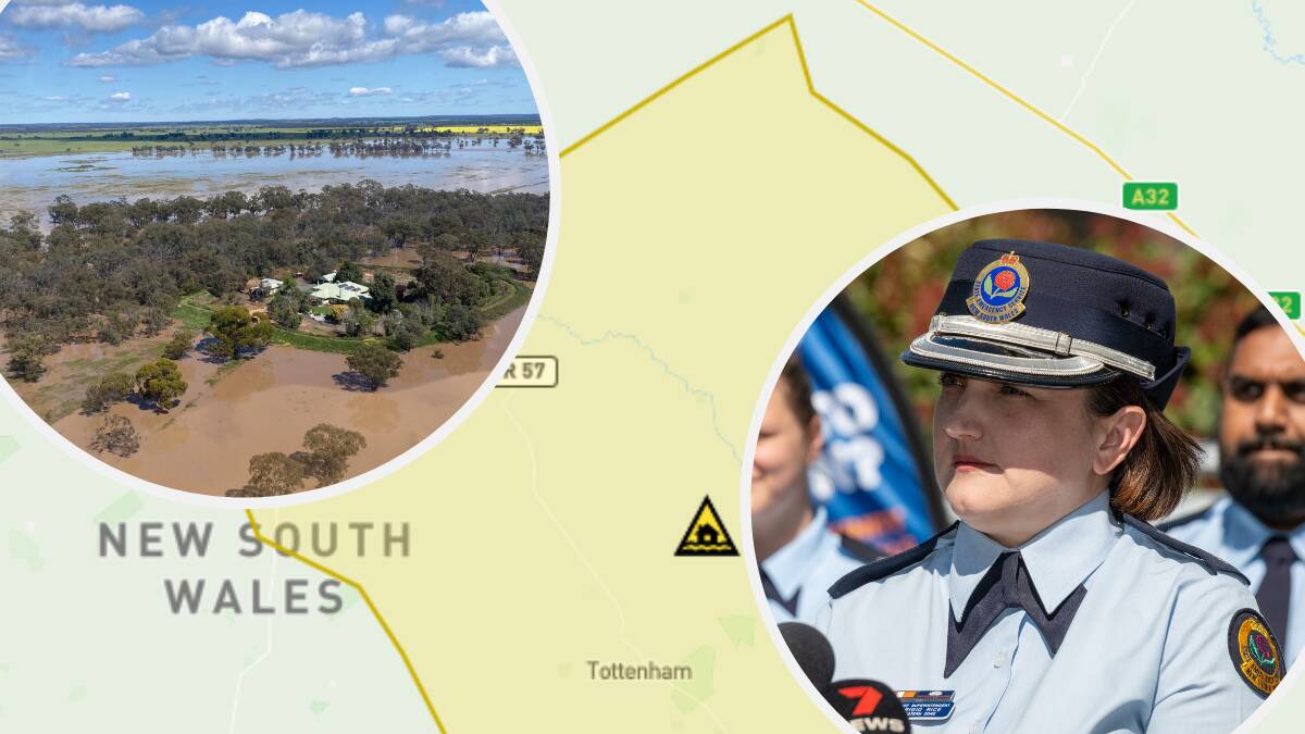 (Main) the Dandaloo flood advice warning on a NSW map, and (inset top) a September 2022 flood in Dandaloo with (inset right) SES Western Zone Commander, Chief Superintendent Brigid Rice. Pictures by NSW SES and (inset right) by James Arrow