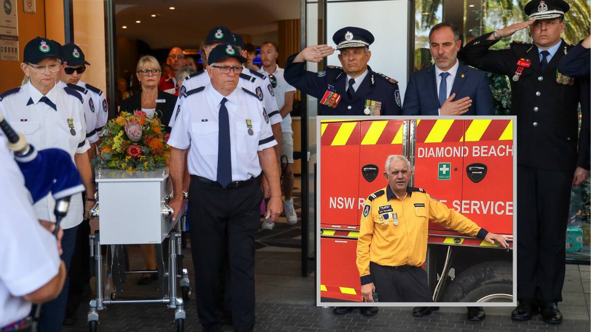 Captain Leo Fransen (inset) and Captain Fransen's service funeral on Friday, December 8. Pictures by NSW Rural Fire Service on Facebook