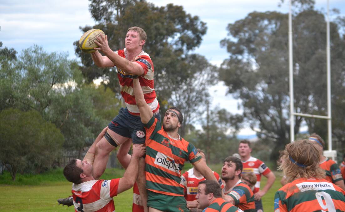 EAGLE ROCK: Cowra skipper Chris Miller claims a lineout win in his side's victory on Saturday. Photo: PETE GUTHRIE