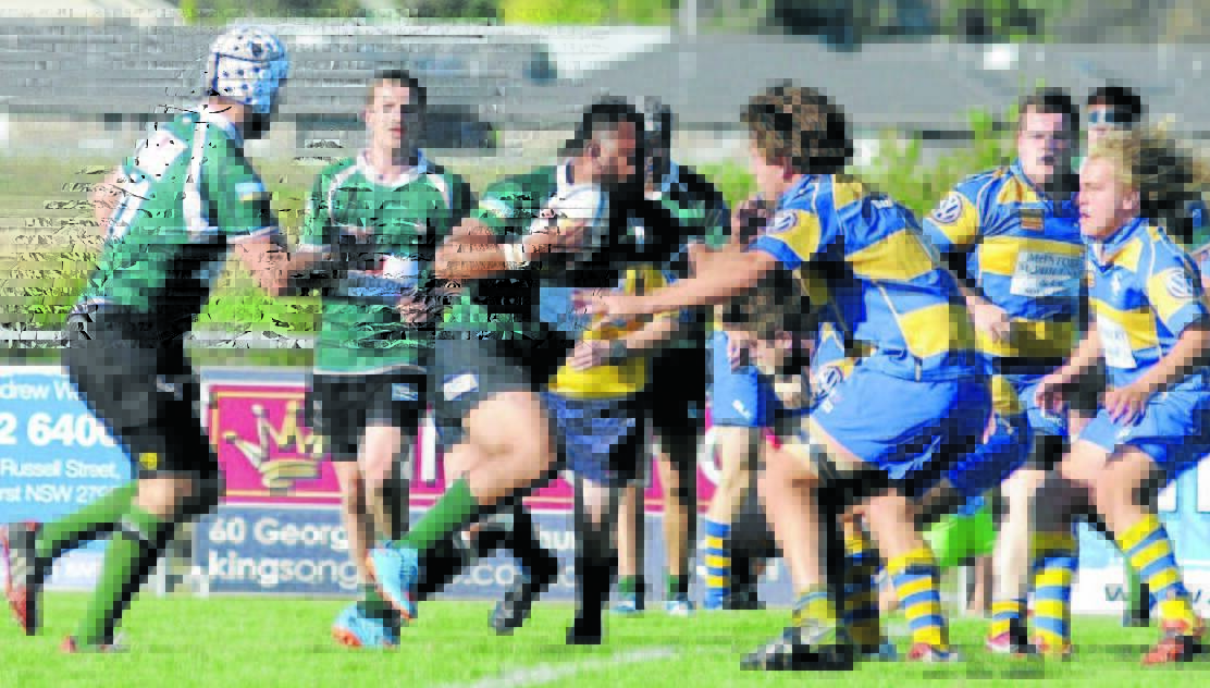HITTING IT UP: Emus flanker Alo Finau takes the ball up in his side’s big round one win over Bathurst. Photo: CHRIS SEABROOK