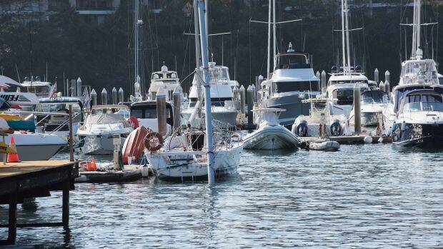 The damaged yacht moored in Rushcutters Bay after the accident. Photo: Christopher Pearce
