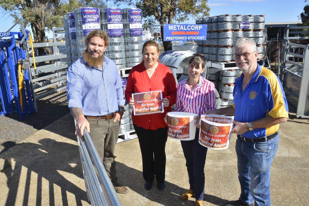 PLEASE DONATE: Metalcorp Steel's NSW rural manager Tony Fenwick and Rotary Club of Dubbo members Sandy Birkett-Williams, Carla Pittman and Peter Judd appeal for donations to help the Sir Ivan fire victims. Photo: BELINDA SOOLE  
