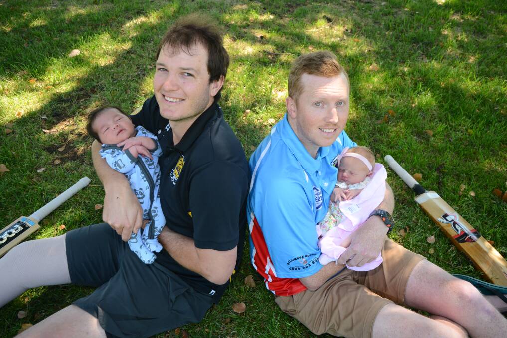 New arrivals: Matt Skinner with nine-day-old Henry John Skinner and Aidan Bennewith with three-day-old Grace Elise Bennewith. Photo : BELINDA SOOLE. 