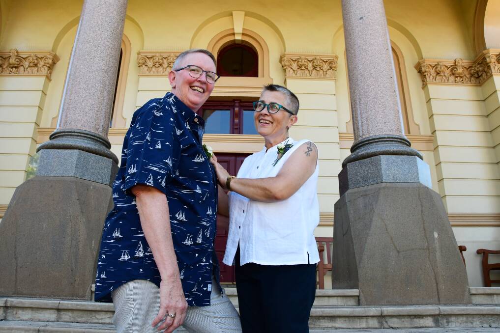 MARRIED: Bizzi Mason and Kris Stevens are all smiles after their marriage at Dubbo Courthouse on Monday afternoon. Photo: BELINDA SOOLE.
