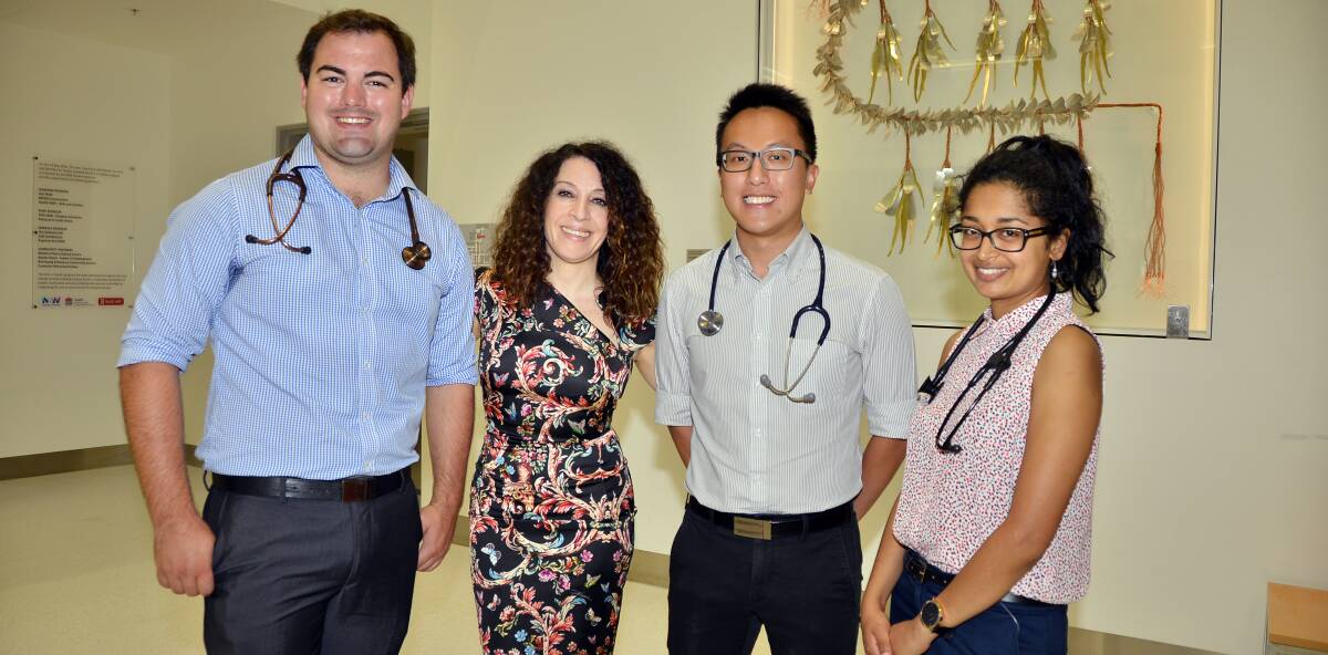 New recruits: Interns Dr Angus Webb, Dr Nick Yeo and Dr Michelle Jayasuriya with Dr Jeniffer Fiore-Chapman (second left). Photo: BELINDA SOOLE