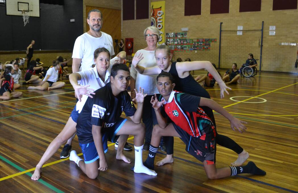 Let's dance: Sidney Saltner, Bangarra with Catherine Gilholme, Department of Education's Arts Unit with Meegan Seymor, Trangie Central and Dubbo College students Kyle Rose, Kyle Daley and Holly Faulds. Photo: Taylor Jurd. 