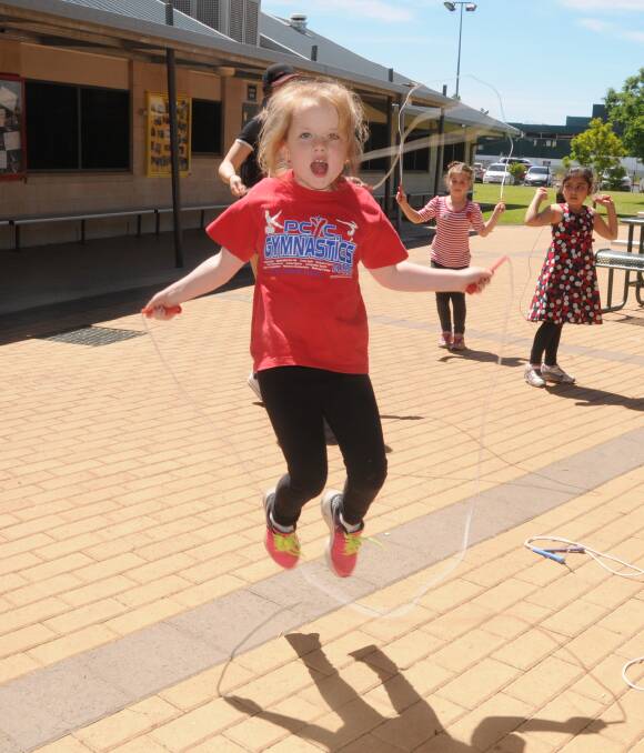 Jump rope: Year 1 St John's Primary School student Abbey Kerr skipping to help raise funds for the Heart Foundation through the Jump Rope for Heart program. Photo: Taylor Jurd