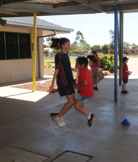 Jump rope: Year 5 St John's Priomary school student Jade McKeown and Year 1 student Lily Sampson. Photo: Taylor Jurd