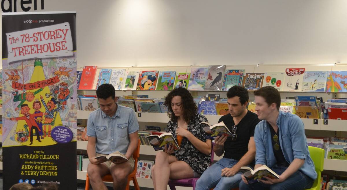 Plenty of laughs: 78 Story Treehouse actors Tim Carroll, Freya Pragt, Sam Welsh and Teale Howie at the Dubbo Macquarie Regional Library. Photo: Taylor Jurd.  