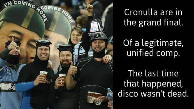 Sharks supporters dressed as Harold Holt to represent rugby league coach Jack Gibson's quote that "waiting for Cronulla to win a premiership is like leaving the porch lamp on for Harold Holt."  Photo: Getty Images