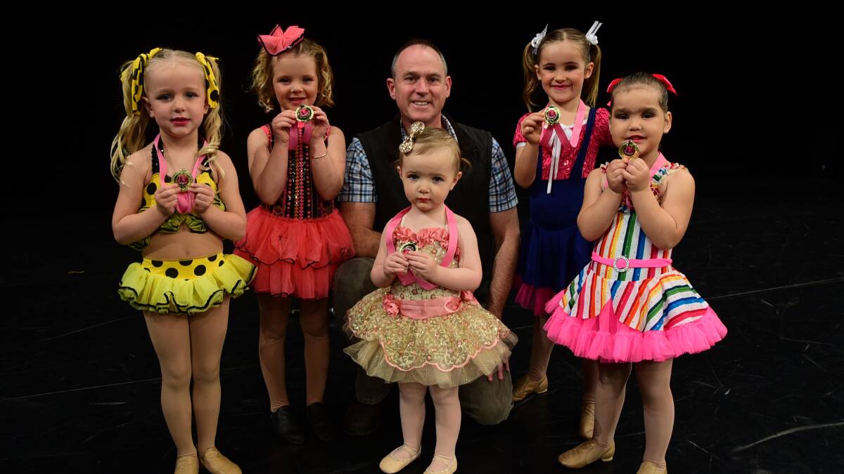 SO CUTE: Dancers in the baby dance five years and under section at the 2016 City of Dubbo Eisteddfod Ayla Brown, Harpa Martin, Arabella Fyfe, Lara Coote and Ahrazana Rose are praised by adjudicator Matthew Shilling. Photo: BELINDA SOOLE  