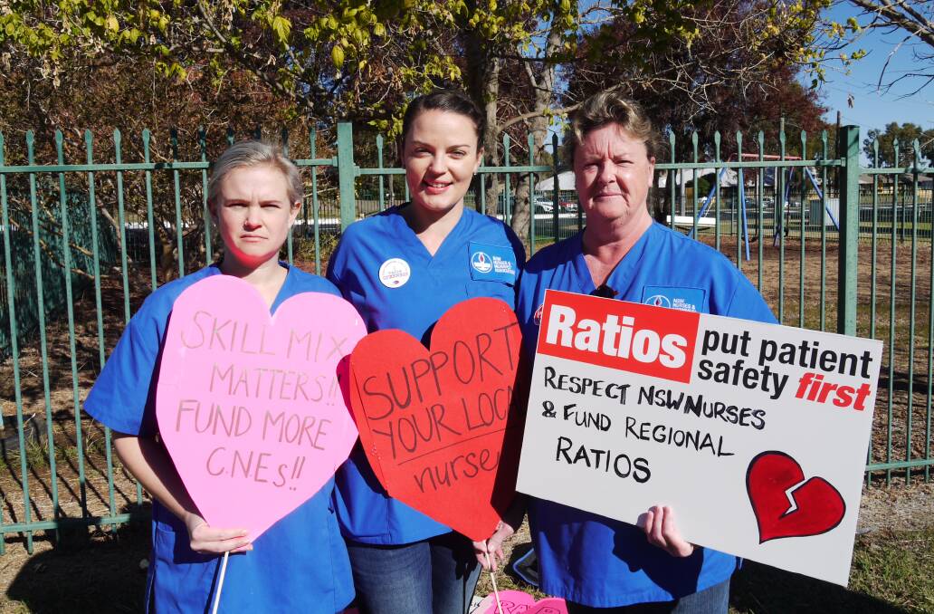 RATIO ROW: Hannah Mines, Lauren Lye and Lynne Mackander take a stand on nurse-to-patient ratios and nurse educators. Photo: KIM BARTLEY