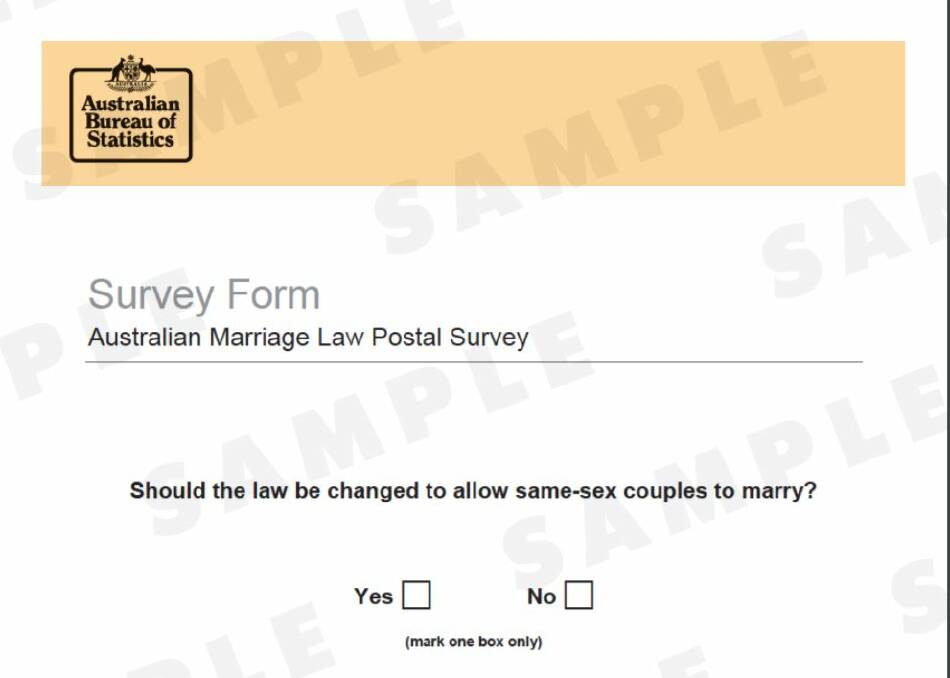 SAMPLE SURVEY FORM: Almost 75 per cent of 16 million Australian Marriage Postal Survey forms have been returned. Photo: Contributed.