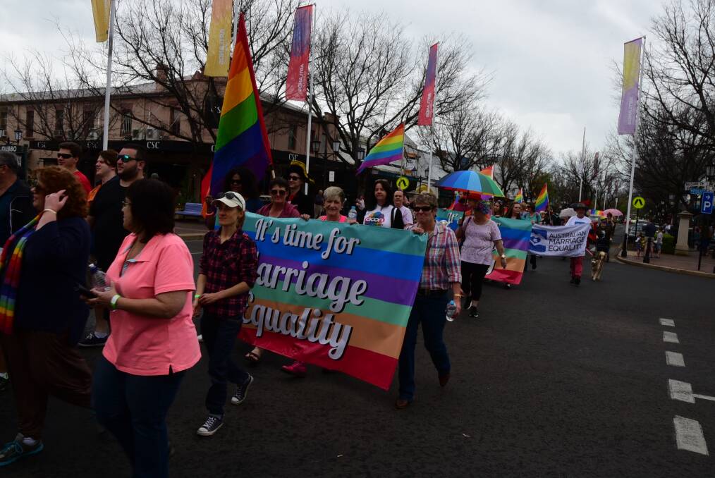 MARRIAGE EQUALITY: Marriage equality was promoted at the 2016 Central West Pride March in Dubbo. A nationwide postal survey on the issue is set to get under way on September 12. Photo: PAIGE WILLIAMS