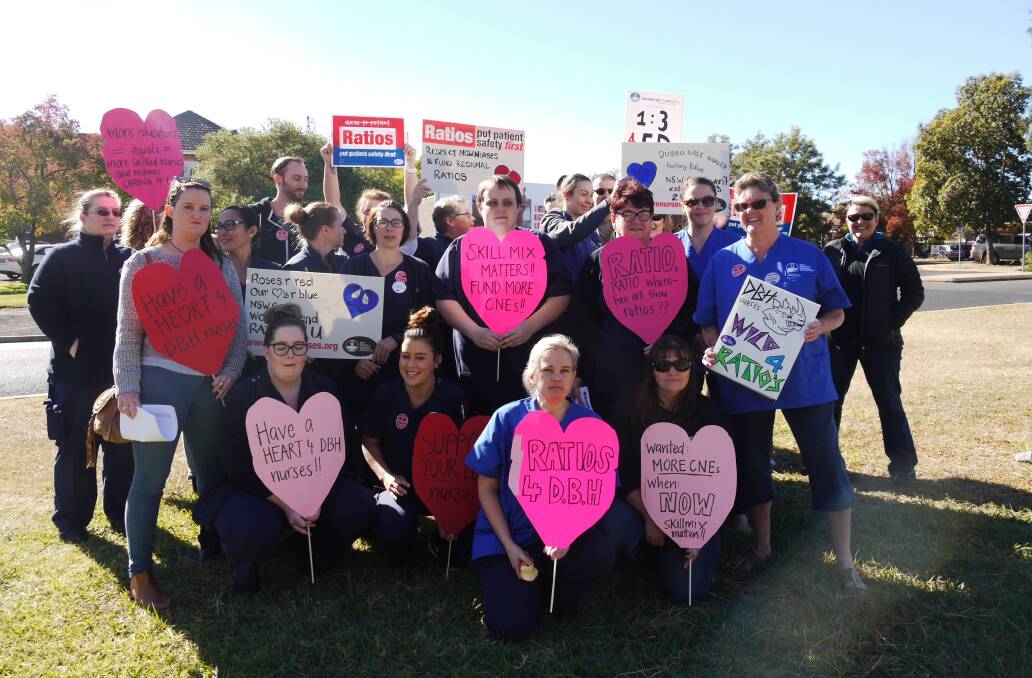 UNITED: Dubbo Hospital nurses come together on Thursday to call for more educators and a nurse-to-patient ratio of one to four for morning and evening shifts. Photo: KIM BARTLEY