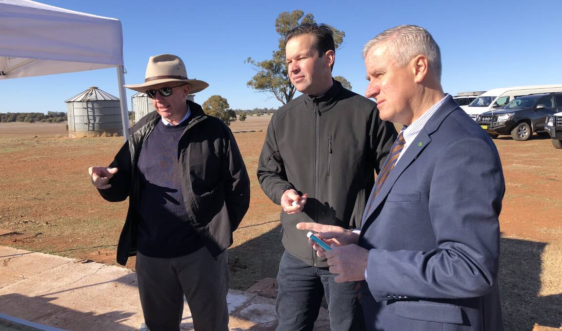 NEW MINE: Federal Member for Parkes Mark Coulton, Resources Minister Matt Canavan and Deputy Prime Minister Michael McCormack visit the Fifield site of the Clean TeQ Sunrise mine and processing project. Photo: Contributed