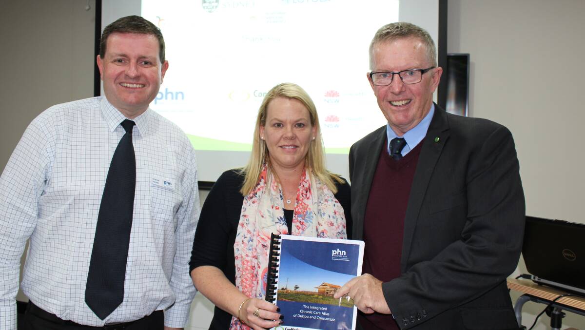 SOFT LAUNCH: Western NSW Primary Health Network chief executive officer Andrew Harvey, ConNetica Consulting's Dr Tanya Bell and federal Member for Parkes Mark Coulton talk about the atlases. Photo: Contributed
