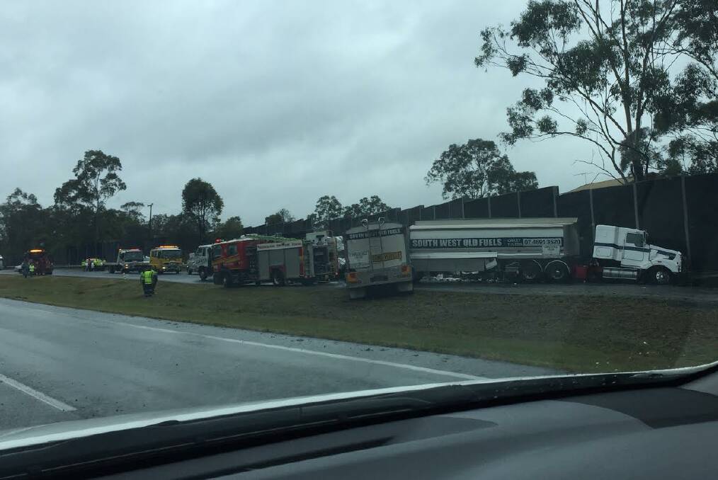 The crash scene on the Warrego Highway at Kholo, near Ipswich, Queensland.