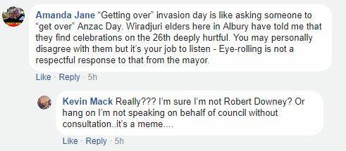 A still from Kevin Mack's Facebook page showing deputy mayor Amanda Cohn's response to him sharing a meme about Australia Day. 