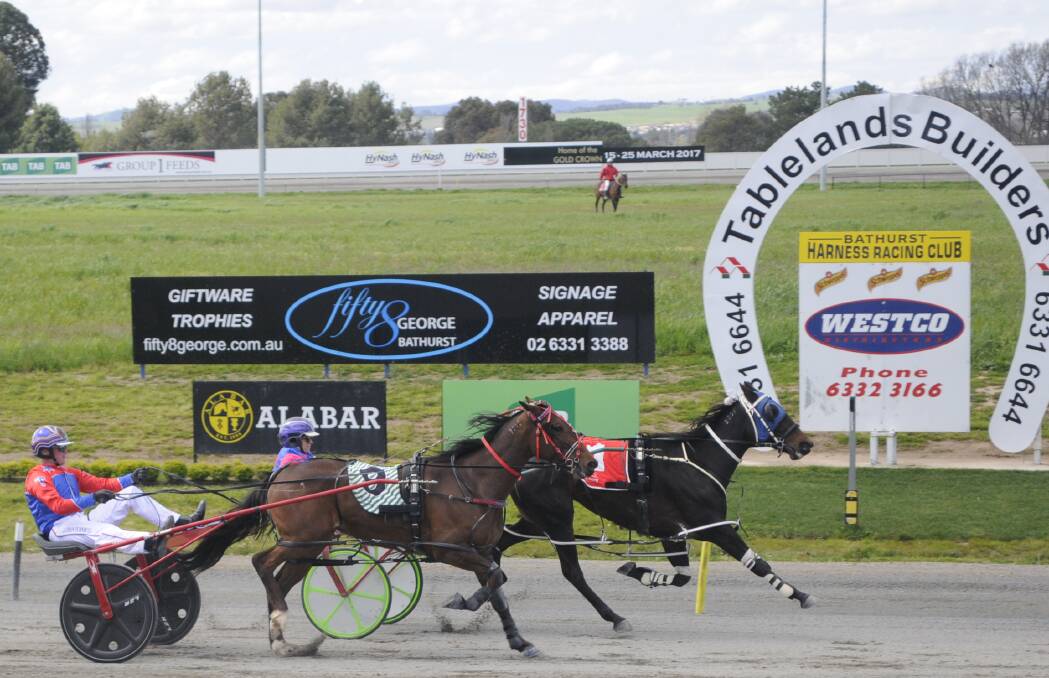 HELD ON: Jess Prior on Arcachon holds off Nathan Turnbull and Folk Art to win at Bathurst Paceway on Monday in the Tab.com.au Consolation. Photo: CHRIS SEABROOK 