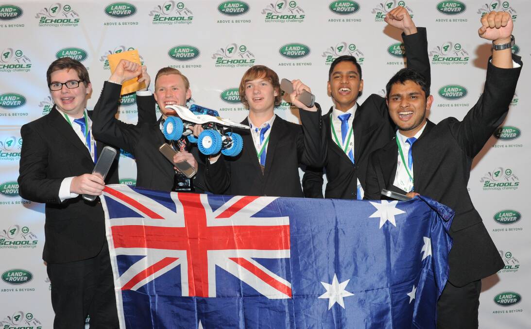 Innovative leaders: Bryce Cronin, Sharik Burgess-Stride, Shiv Ram, Chayan Deb Nath and Lucas Blattman win a top prize at the World 4x4 in schools championship held in the UK.