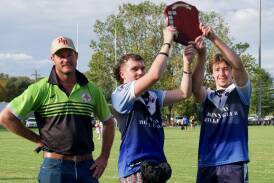 Binnaway duo Nash Walker (left) and Hayden Mitchell with Castlereagh president Chris Deighton after winning the Youth League knockout. Picture by Peter Sherwood Photography